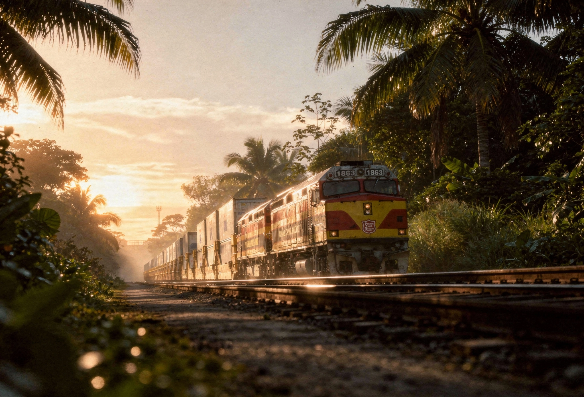 Panama Canal Railway train crossing the Isthmus rainforest